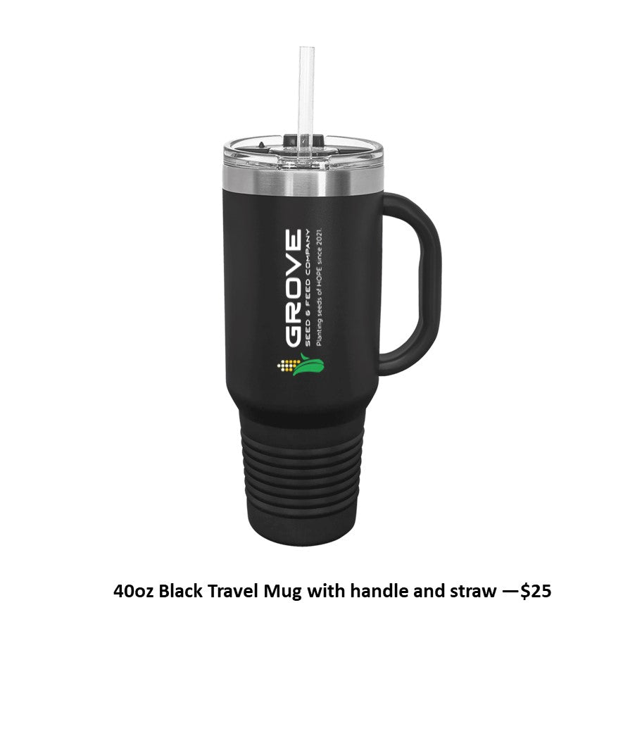 40 oz. Black Travel Mug with Handle, Straw Included - with Logo