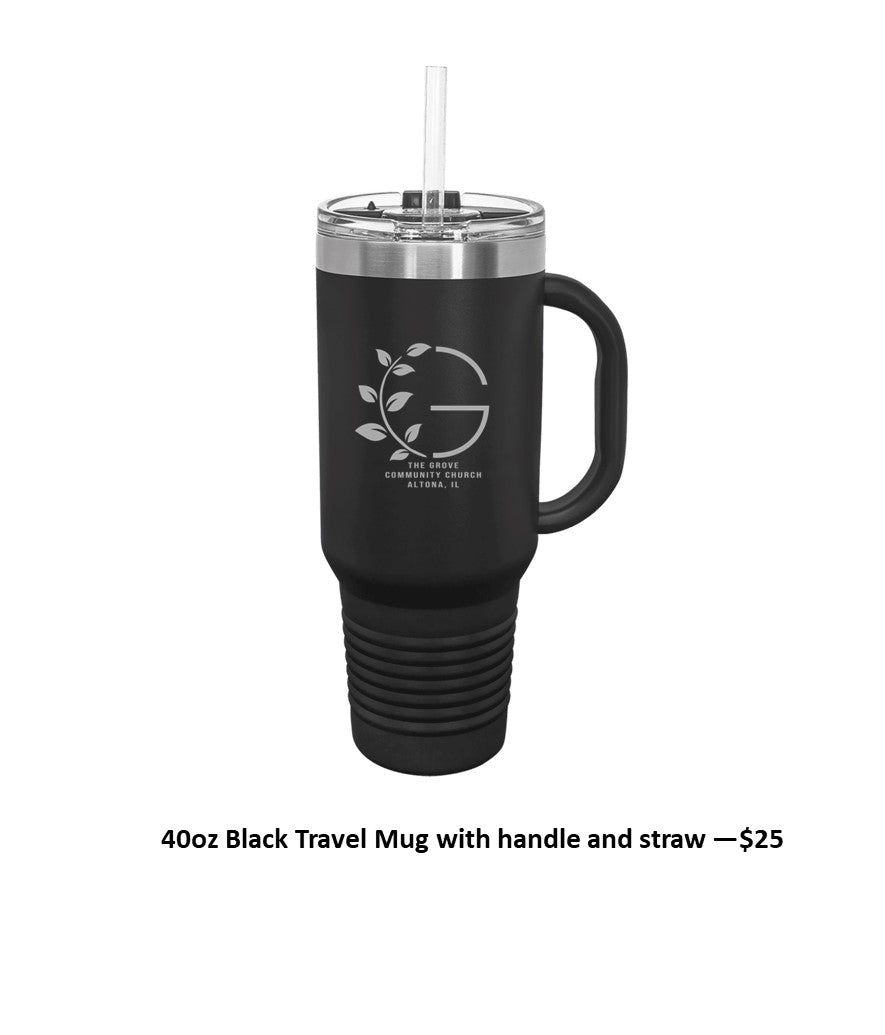 40 oz. Black Travel Mug with Handle, Straw Included - Engraved with Logo