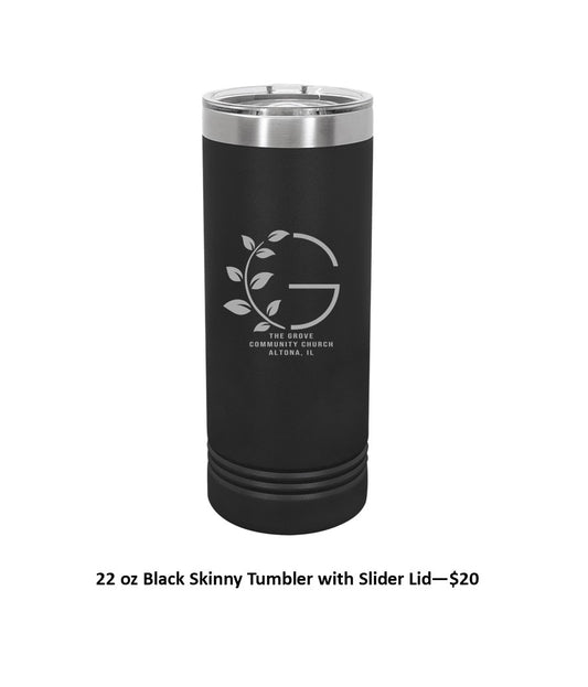 22oz Black Skinny Tumbler with Slider Lid - Engraved with Logo