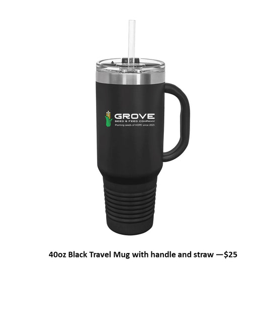 40 oz. Black Travel Mug with Handle, Straw Included - with Logo