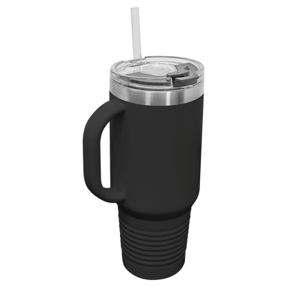 40 oz. Black Travel Mug with Handle, Straw Included - Engraved with Logo