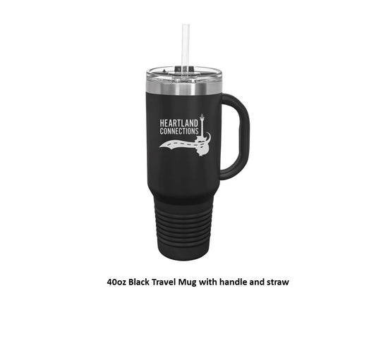 40 oz. Black Travel Mug with Handle, Straw Included - Engraved with Logo