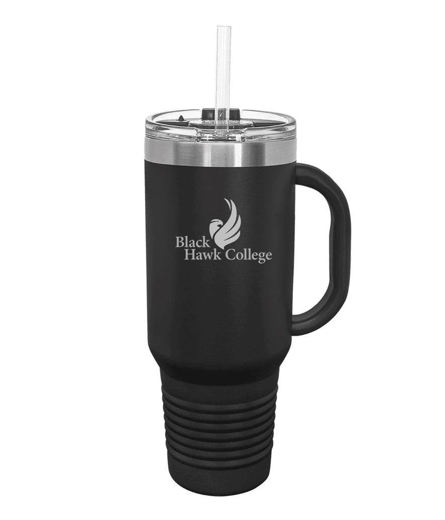40 oz. Black Travel Mug with Handle, Straw Included - Engraved with Logo
