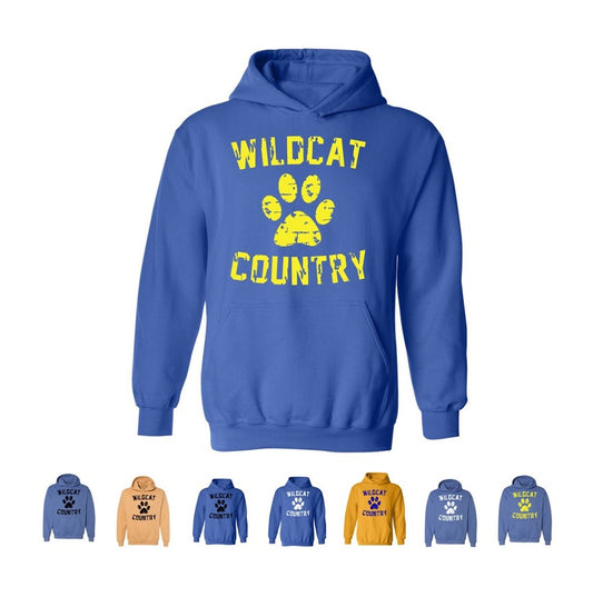 Galva Wildcats - Wildcat Country - Gildan Brand Hoodie Sweatshirts - Blues and Yellows